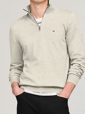 Tommy Hilfiger Light Gray Half-Zip Sweater with Flag Logo